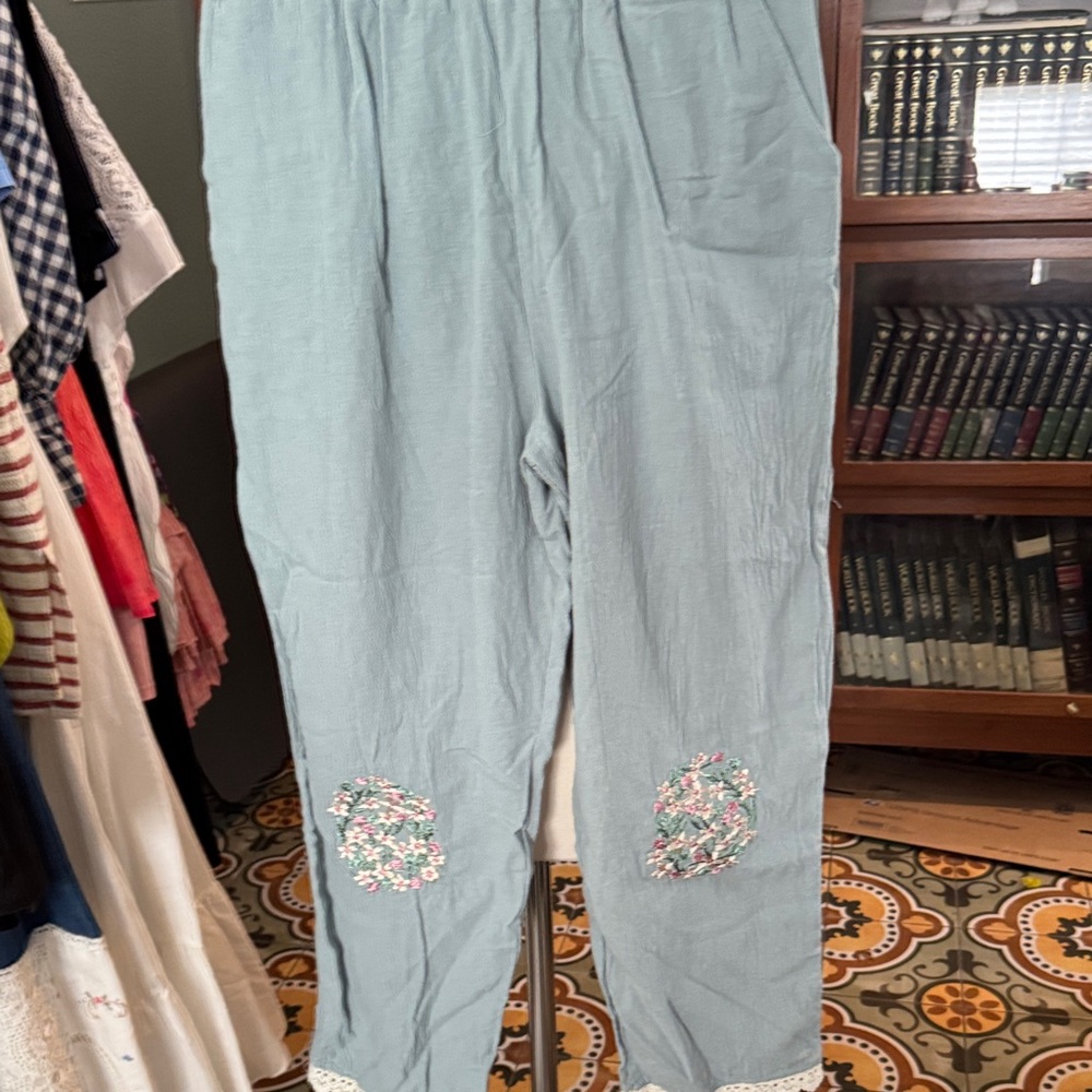 Light Blue Embroidered Women's Cotton Pants